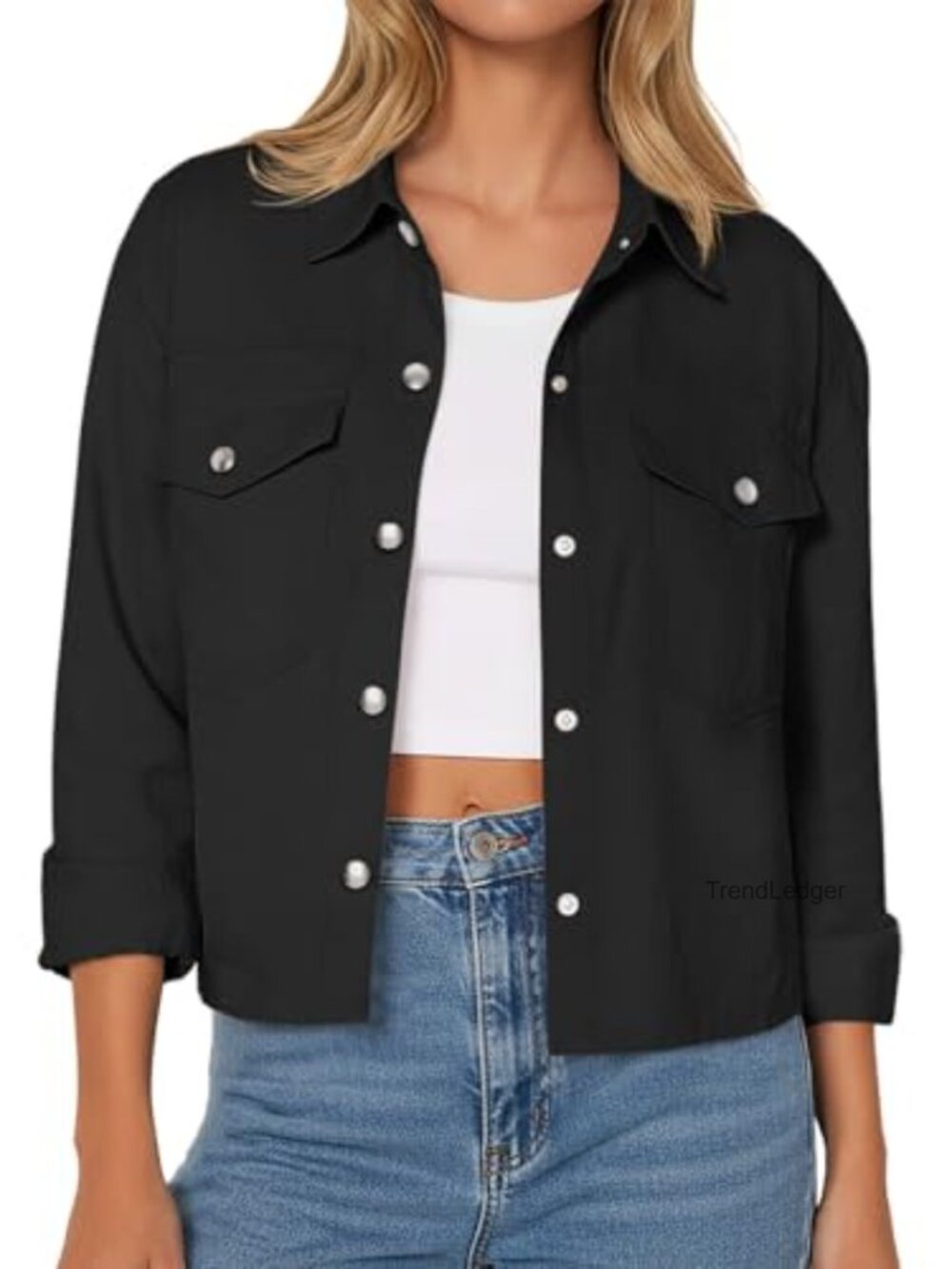 Women's Cropped Jacket Lightweight Button Down Shirt with Pockets Long Sleeve